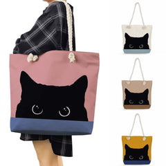 Cat Prints Women Shoulder Bag Thick Rope Handbags Eco Reusable Shopping