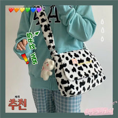Plush Women's Flap Shoulder Bag Cow Pattern Handbag