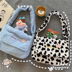 Plush Women's Flap Shoulder Bag Cow Pattern Handbag