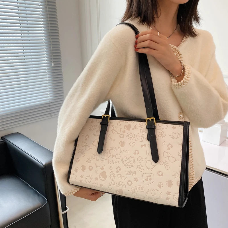 Women's Square Printed Shoulder Bag Vintage PU Leather Tote Casual Handbag