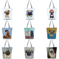 Pug Dog Print Reusable Shopping Bags Eco-Friendly Foldable Handbag