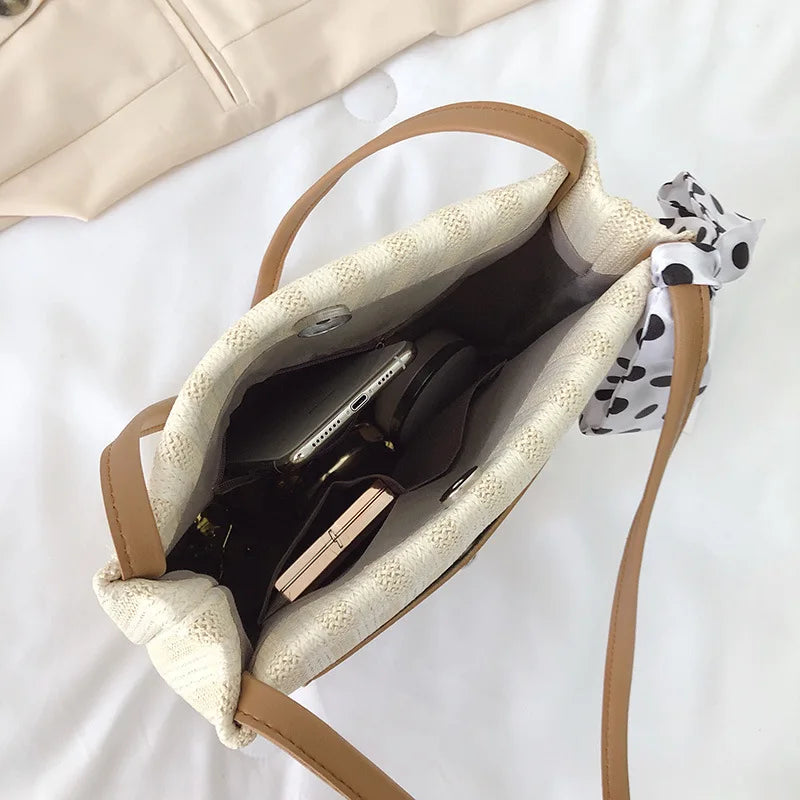 Canvas Shoulder Bag with High Ribbons Crossbody Handle
