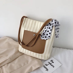 Canvas Shoulder Bag with High Ribbons Crossbody Handle