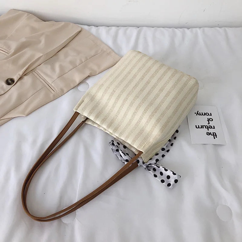 Canvas Shoulder Bag with High Ribbons Crossbody Handle