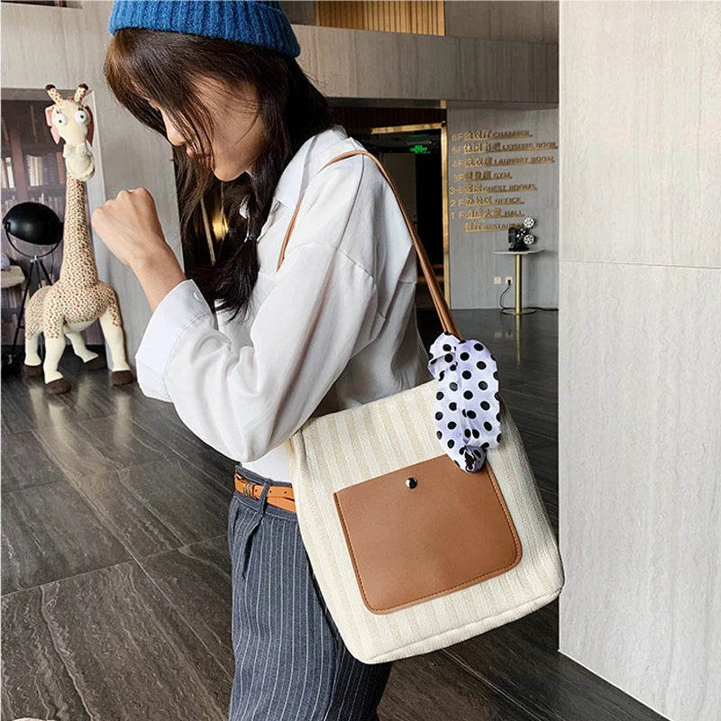 Canvas Shoulder Bag with High Ribbons Crossbody Handle