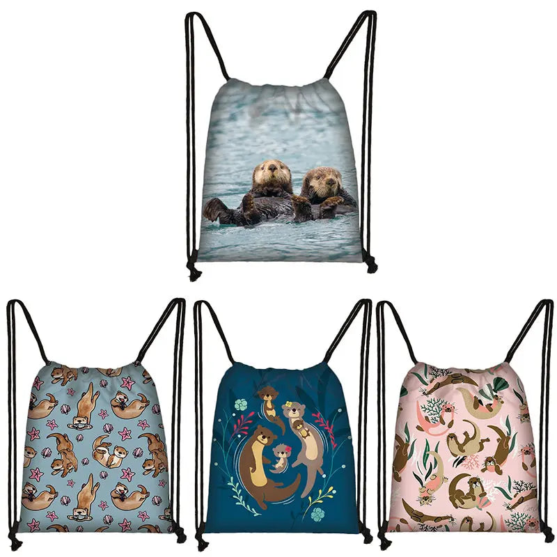 Sea Otters Print Drawstring Bag Marine Life Pattern Backpack