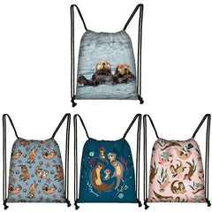 Sea Otters Print Drawstring Bag Marine Life Pattern Backpack