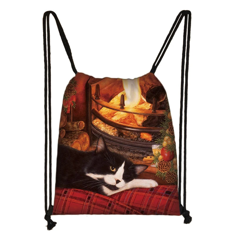 Cat Print Drawstring Bag Girls Women's Travel Storage Foldable Shopping