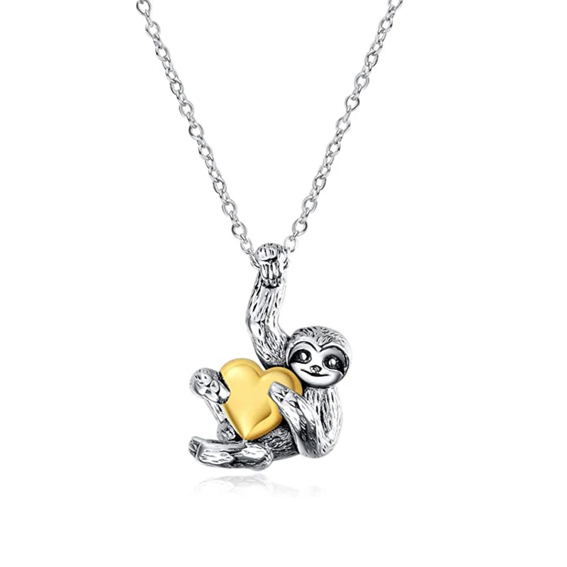 Silver Small Sloth Pendant Necklace Heart Sloth Necklaces For Women Girls