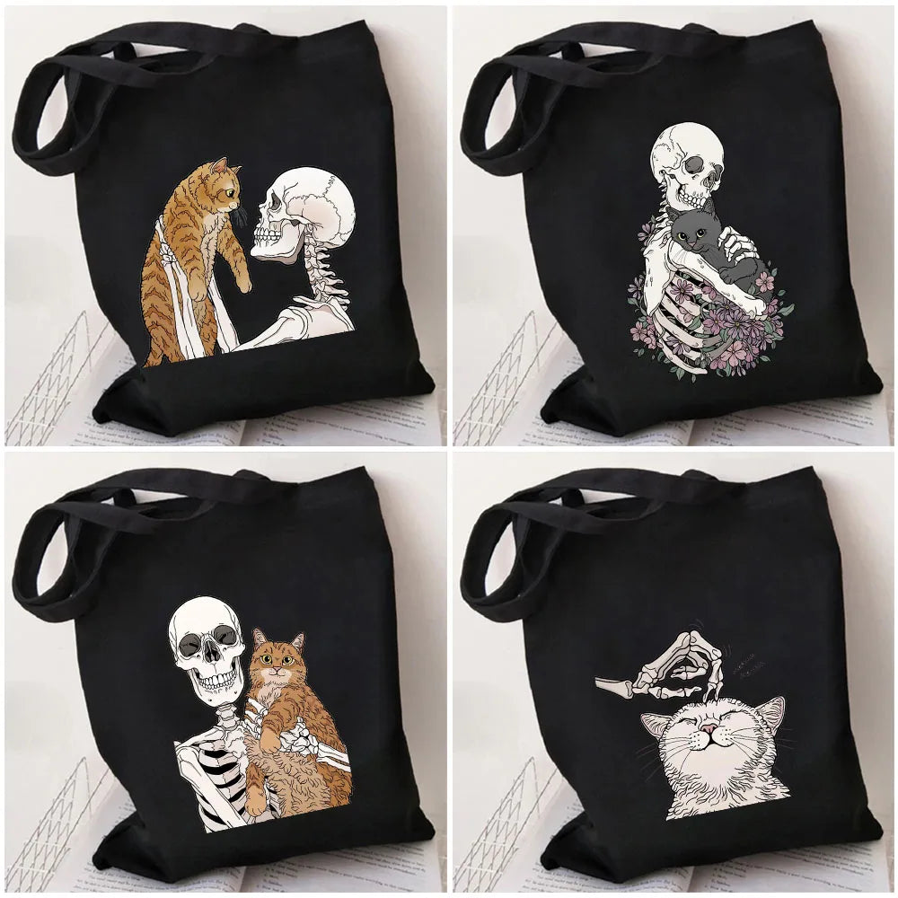 Skeleton Skull Cat Funny Roses Women Canvas Shoulder Bags