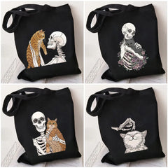 Skeleton Skull Cat Funny Roses Women Canvas Shoulder Bags
