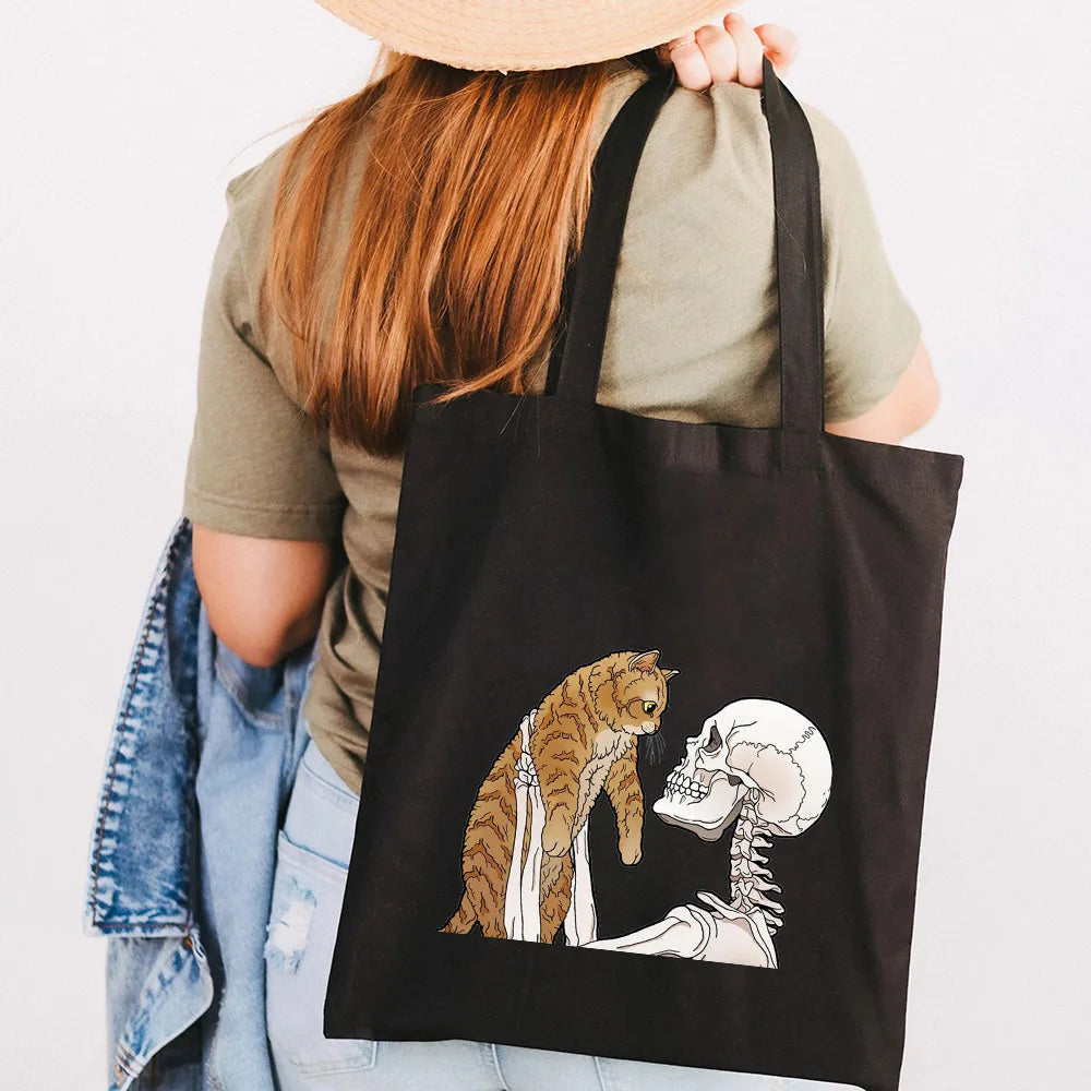 Skeleton Skull Cat Funny Roses Women Canvas Shoulder Bags