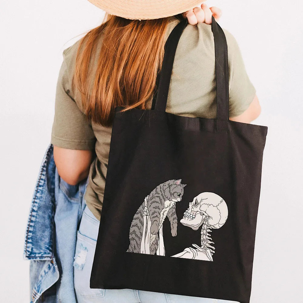 Skeleton Skull Cat Funny Roses Women Canvas Shoulder Bags