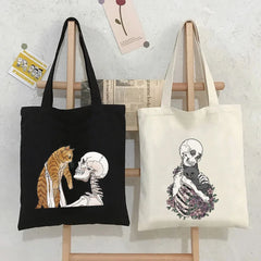 Skeleton Skull Cat Funny Roses Women Canvas Shoulder Bags