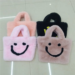Plush Smiley Face Women Shoulder Bag Soft Faux Fur Chain Messenger Purse
