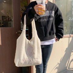 Soft Fleece Plush Handbag Mermaid Dolphin Embroidery Shoulder Tote Bag