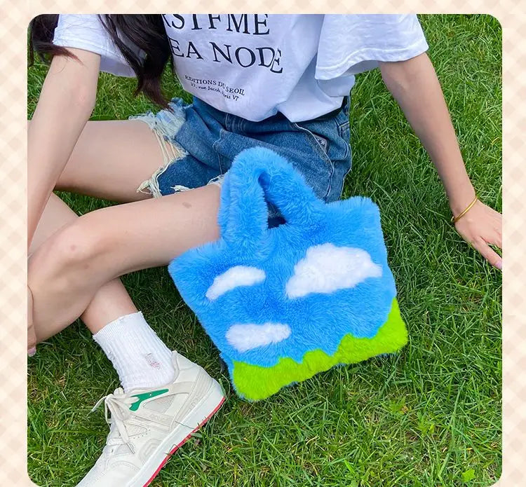 Soft Plush Women's Shoulder Bag Cartoon Sky Clouds Small Tote Handbags