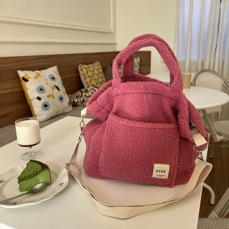 Solid Women Plush Shoulder Bag Large Capacity Lamb Like Fabric Crossbody Bags