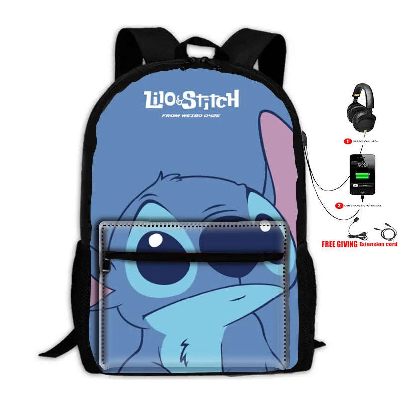 Stitch USB Charging Backpack LaptopTravel Backpack For Girls Women