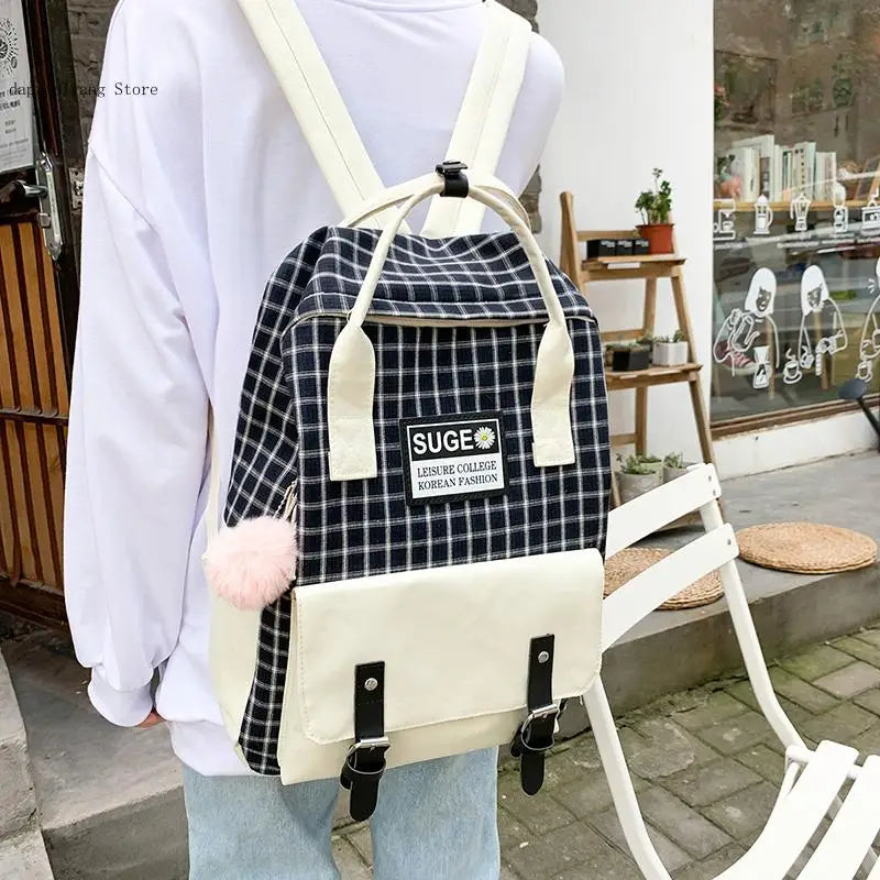 Girls School Bag Set, Canvas Backpack Book Bag, 5 Pcs Kids Shoulder Bag