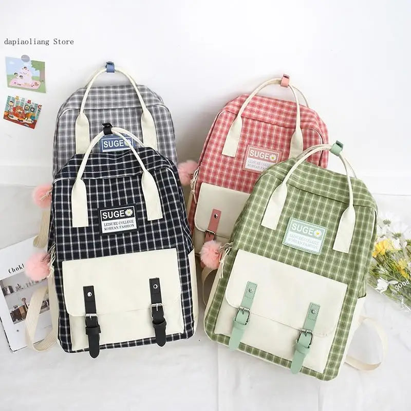 Girls School Bag Set, Canvas Backpack Book Bag, 5 Pcs Kids Shoulder Bag