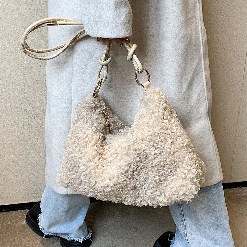 Women's Winter Faux Fur Tote Bag Soft Handbag Purse