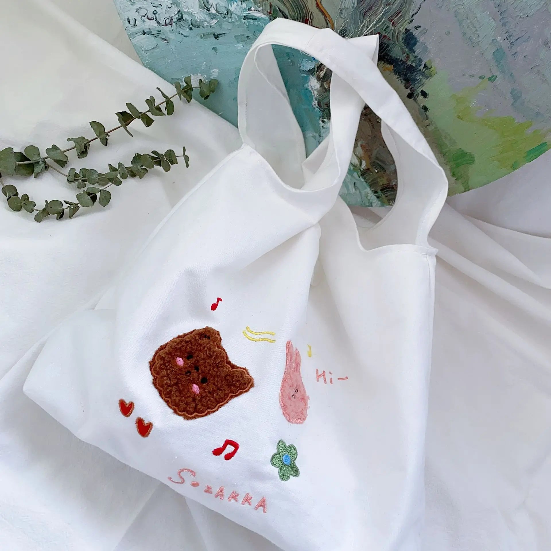 Embroidered Canvas Tote Bag for Women - Reusable Shopping Beach Bag