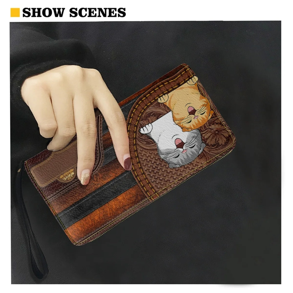 Cat Leather Purse Clutch Wallet Zip Around Cash Holder for Women