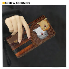 Cat Leather Purse Clutch Wallet Zip Around Cash Holder for Women