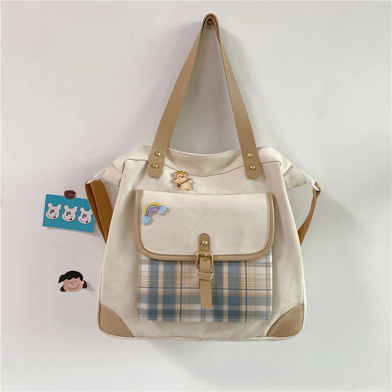 Canvas Shoulder Bag Lattice Handbags for Women Large Capacity Shopping Bag