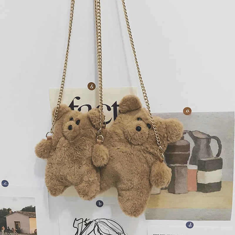 Plush Teddy Bear Shoulder Bag Stuffed Bear Shape Crossbody Messenger Bag Gift