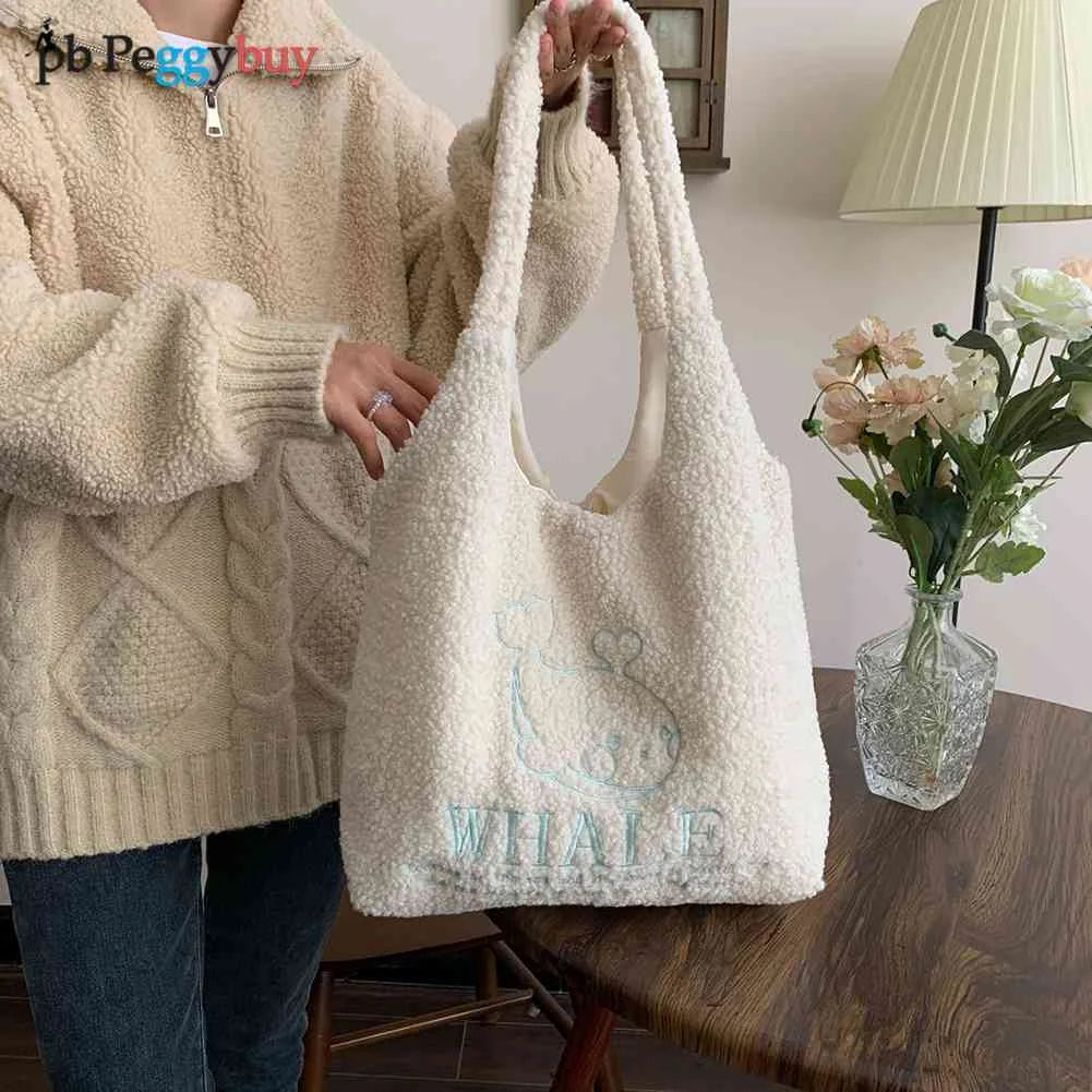 Winter Plush Shoulder Bag Girls Cartoon Embroidery Tote Bag