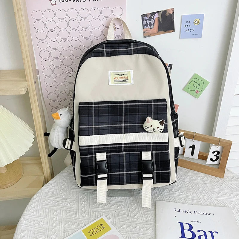 Plaid Backpack Female Student Large Capacity Bookbag Lady Anti Theft Rucksack