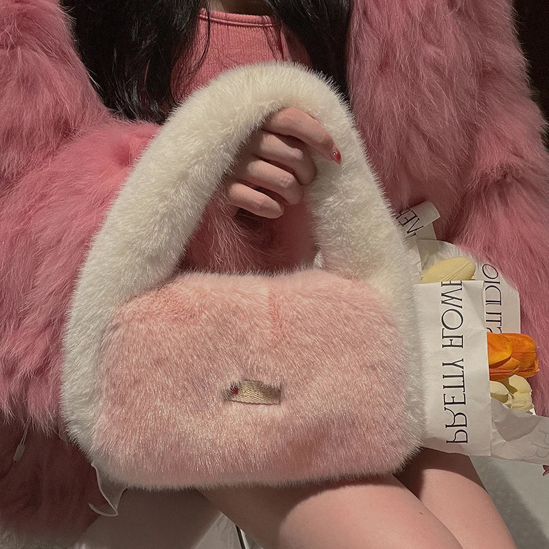 Plush Shoulder Bag Faux Fur Clutch Purse Tote Handbag Winter Female Party