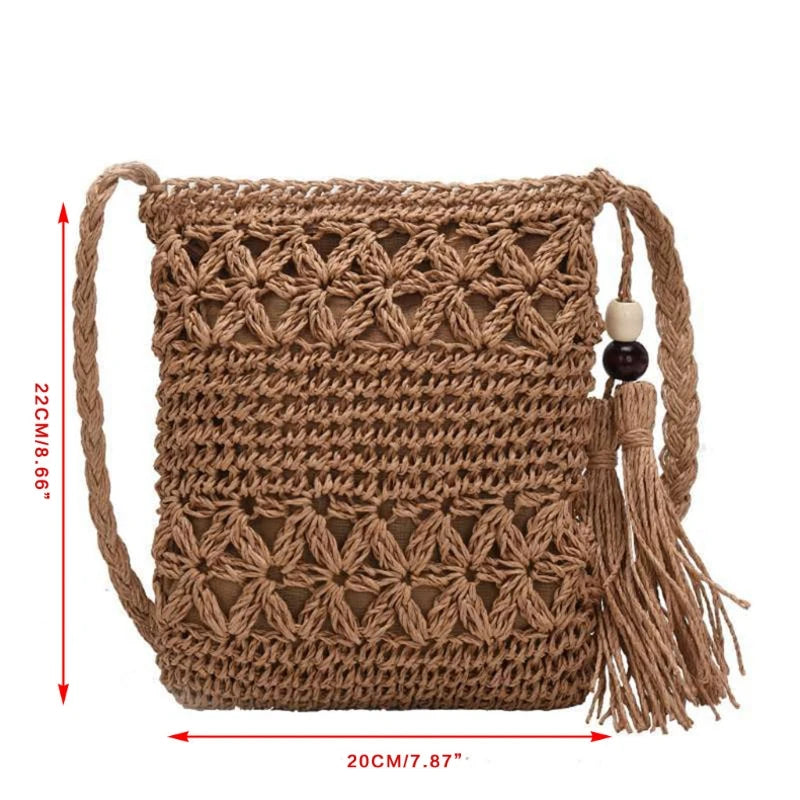 D0LF Beach Woven Straw Shoulder Bag with Tassel Boho Crossbody
