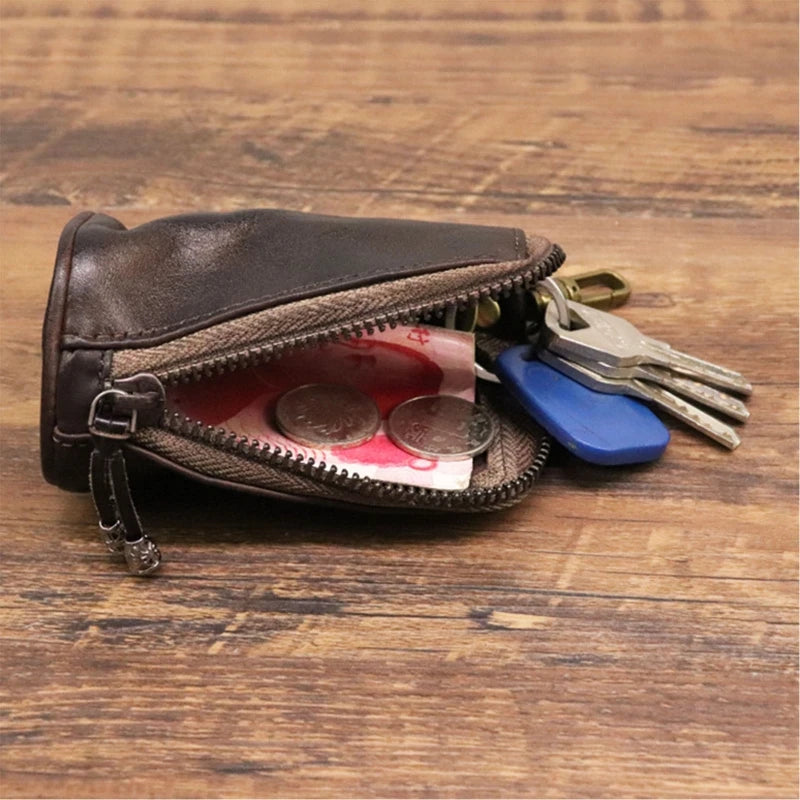 D0LF Vintage Leather Car Key Holder Zipper Wallet Organizer
