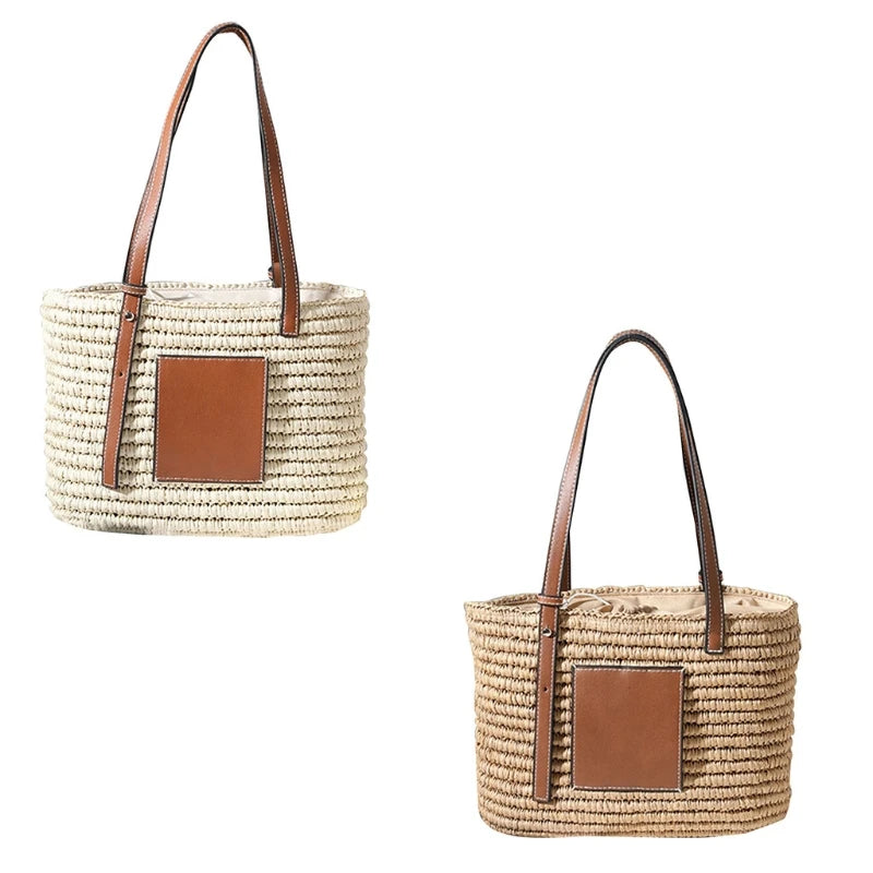 D0LF Women Beach Straw Handbag with Adjustable Handle Large Shoulder Tote Bag