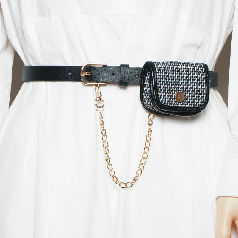 Women's Winter Waist Bag Detachable Belt Lattice Small Pocket Chain Bag