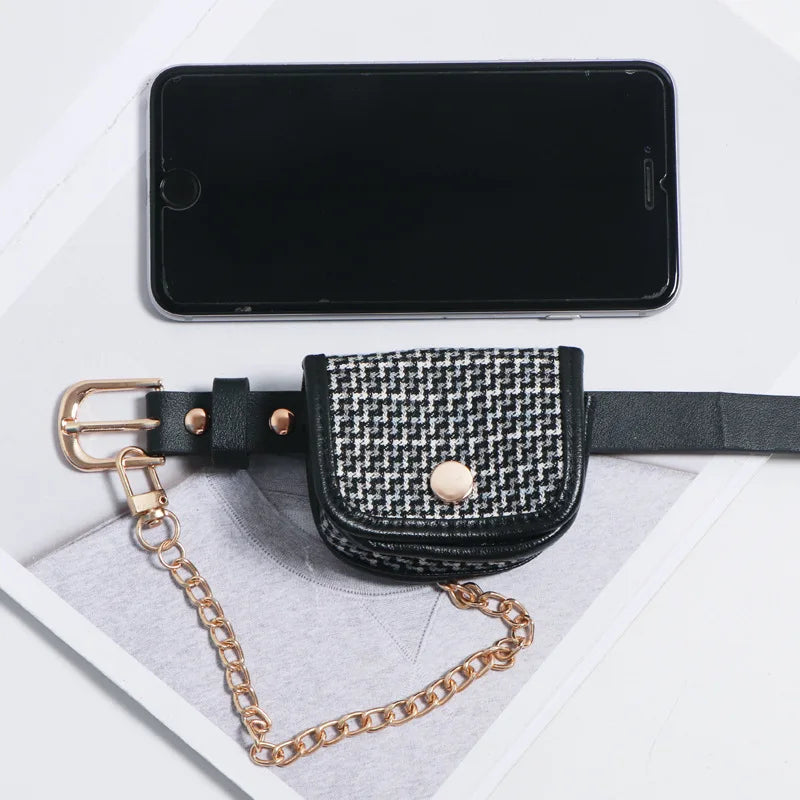 Women's Winter Waist Bag Detachable Belt Lattice Small Pocket Chain Bag