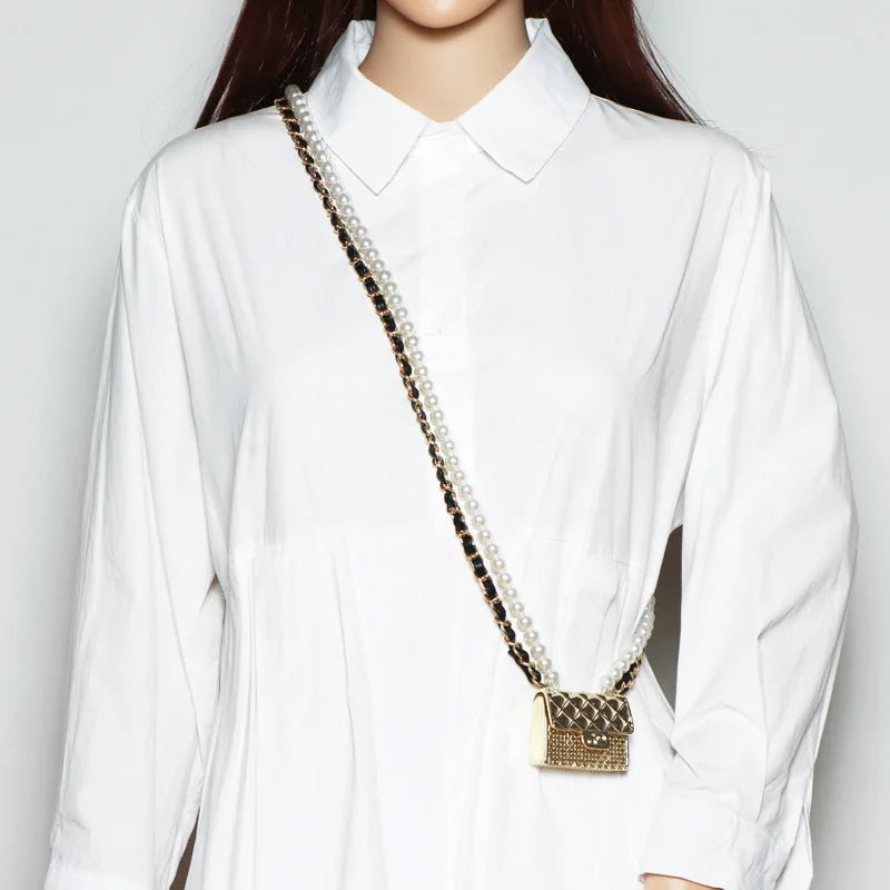 Metal Rhombic Crossbody Bag with Pearl Chain