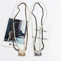 Metal Rhombic Crossbody Bag with Pearl Chain