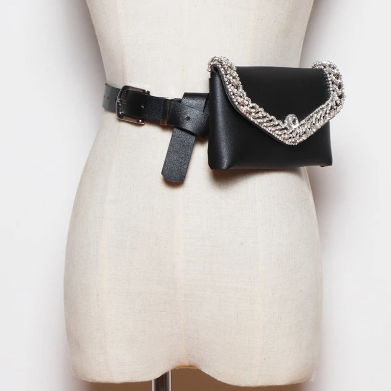 Rhinestone Waist Bag Purse with Chain Decoration