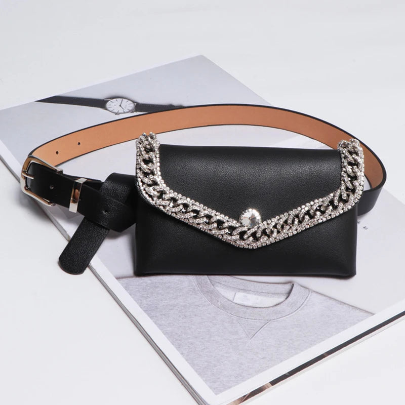 Rhinestone Waist Bag Purse with Chain Decoration