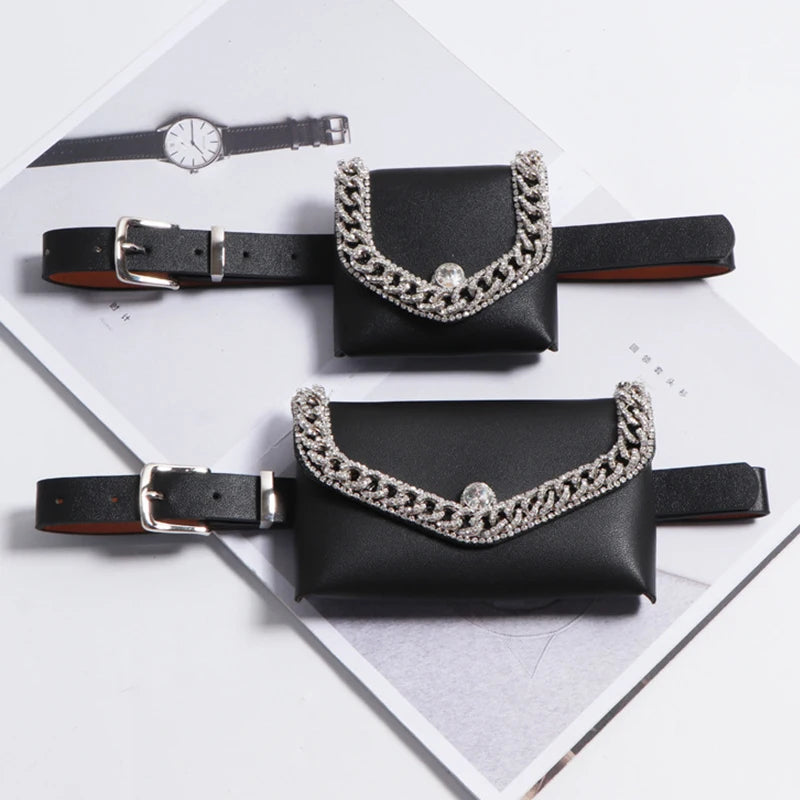 Rhinestone Waist Bag Purse with Chain Decoration