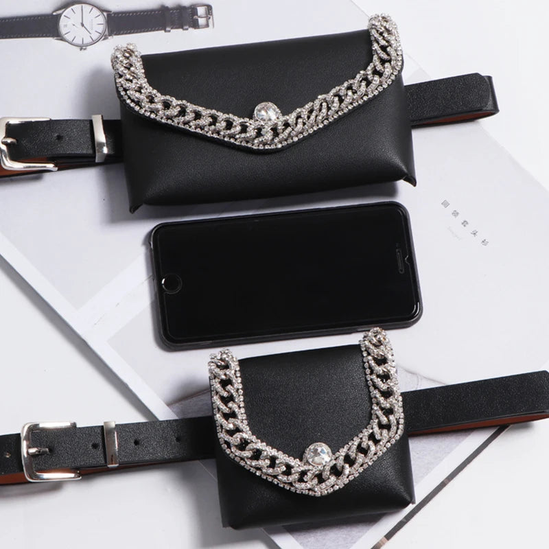 Rhinestone Waist Bag Purse with Chain Decoration