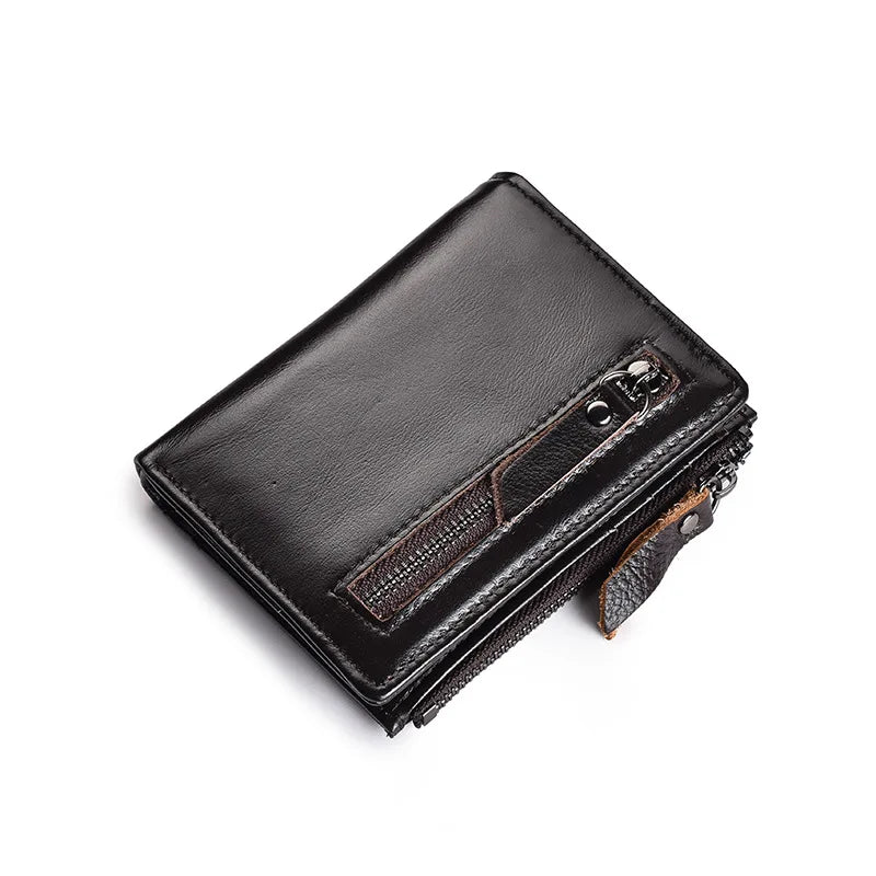 Genuine Leather Wallet Vintage Red Small Zipper Slim Trifold Purse