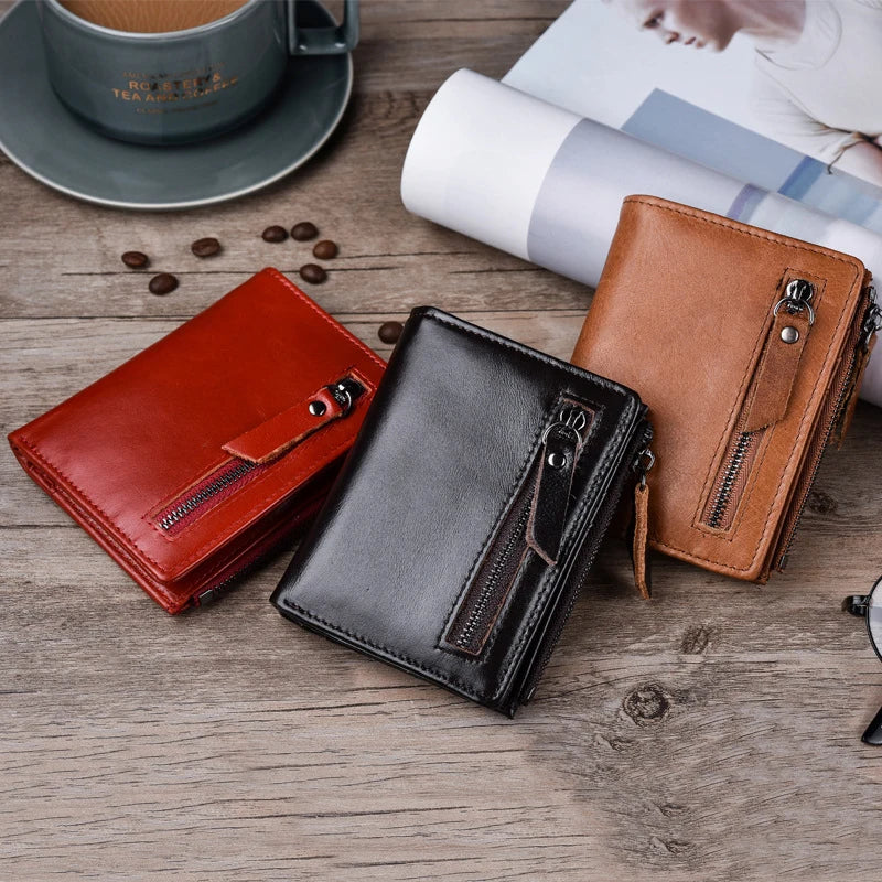 Genuine Leather Wallet Vintage Red Small Zipper Slim Trifold Purse