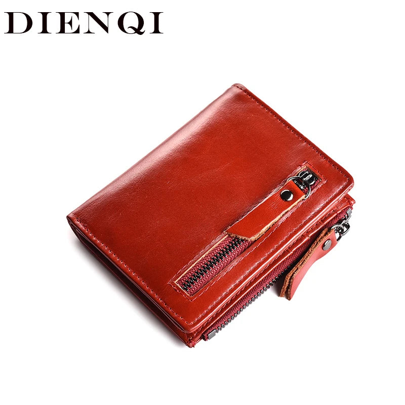 Genuine Leather Wallet Vintage Red Small Zipper Slim Trifold Purse