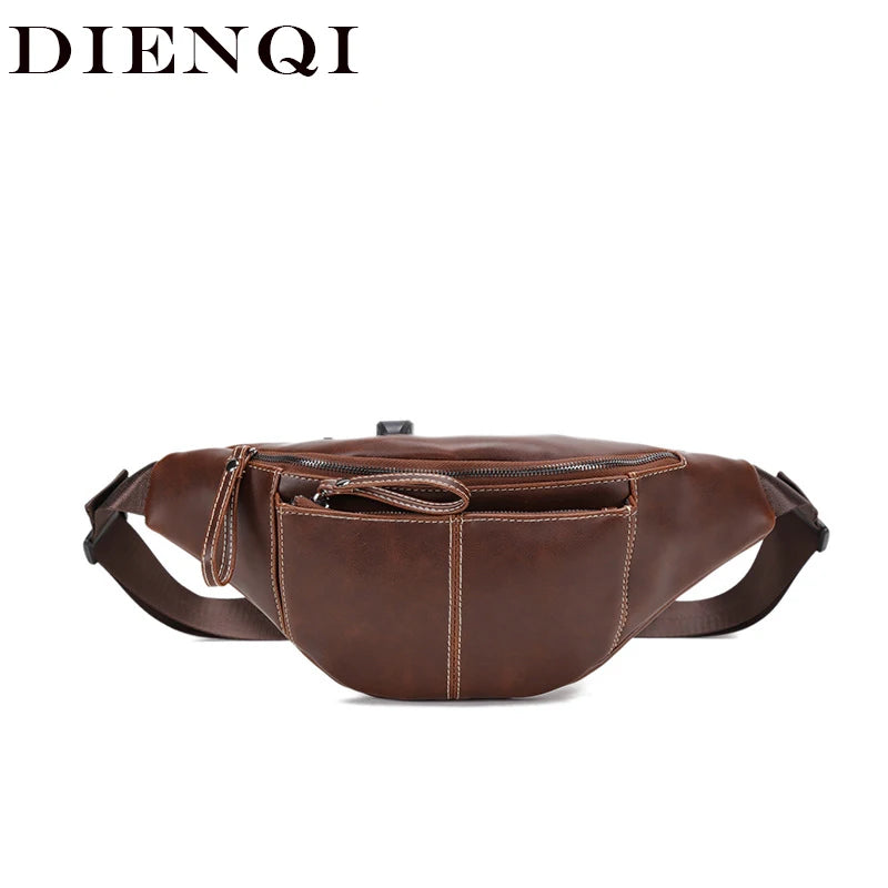 Crazy Horse Leather Waist Bag Men USB Charging Waist Travel Belt Large Capacity