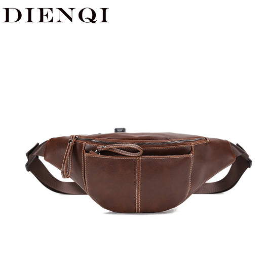 Crazy Horse Leather Waist Bag Men USB Charging Waist Travel Belt Large Capacity